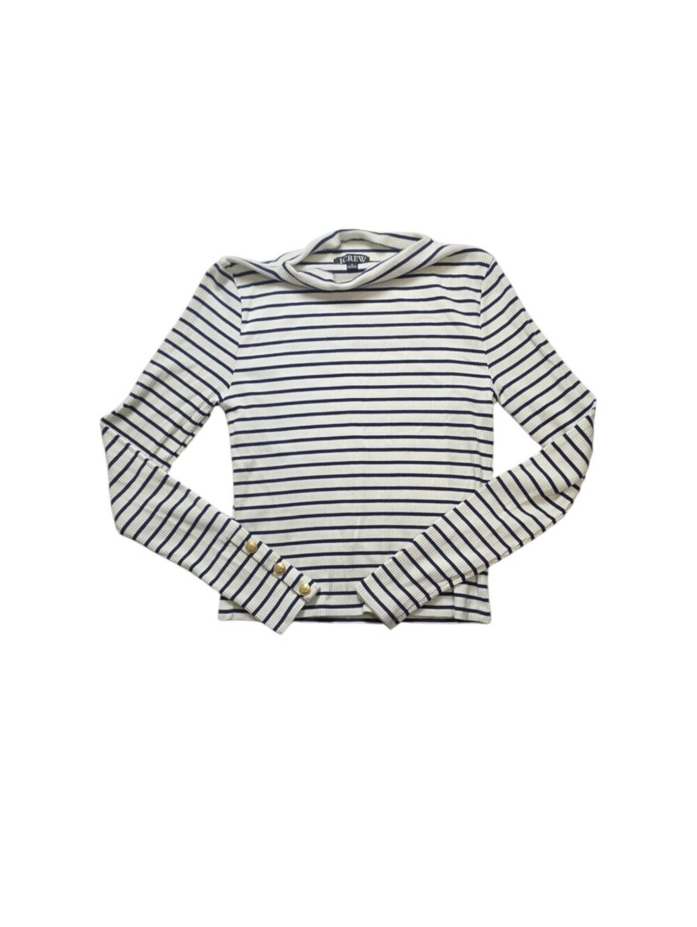 J Crew Striped Boatneck Top Navy Cream Ribbed Gold Button Long Sleeve Medium